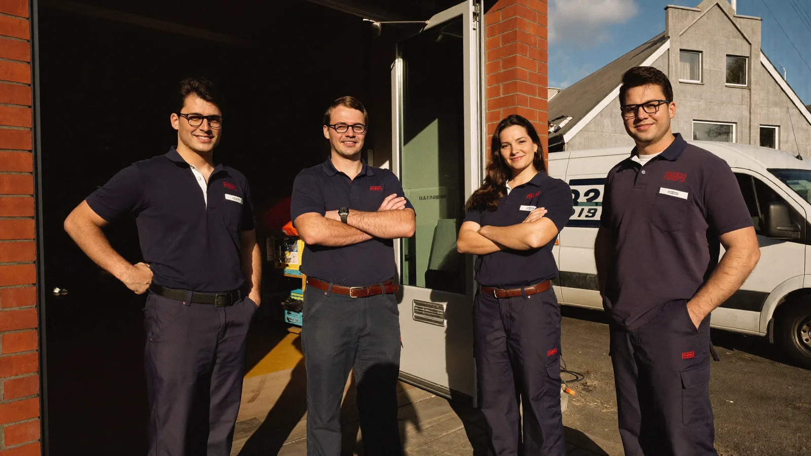 Das Team von Nordlicht Elektrotechnik vor der Werkstatt am Morgen
