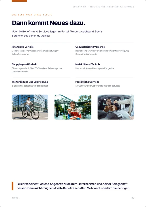 Broschürenseite: Über 40 Benefits und Services in sechs Bereichen